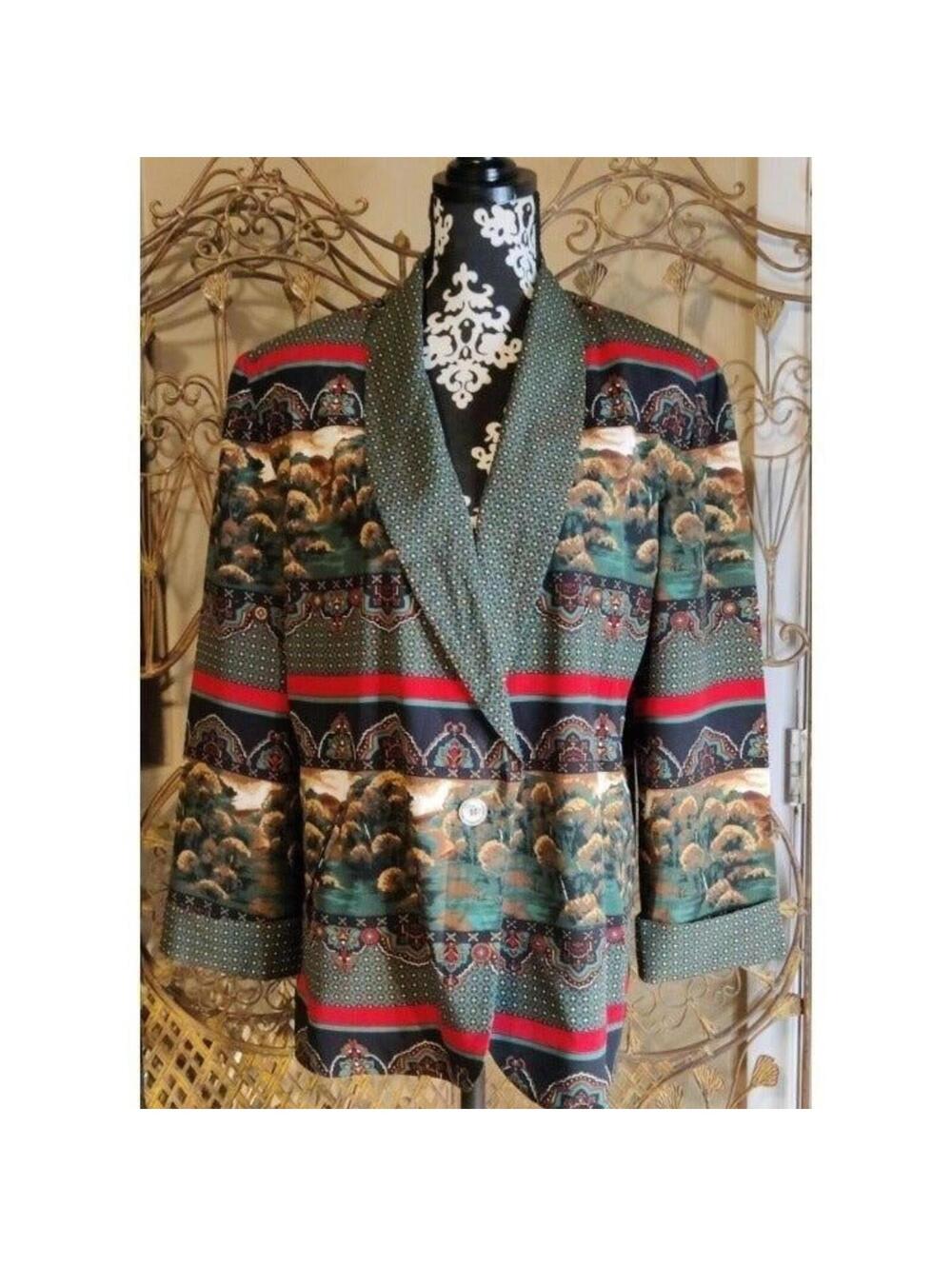 Vintage Chaus Scenic Landscape Print Blazer Wide Leg Pants Set Green Red 10 12